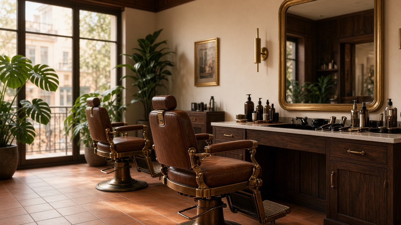 Interior de Coronado Barbershop, con sillas de cuero y luz cálida